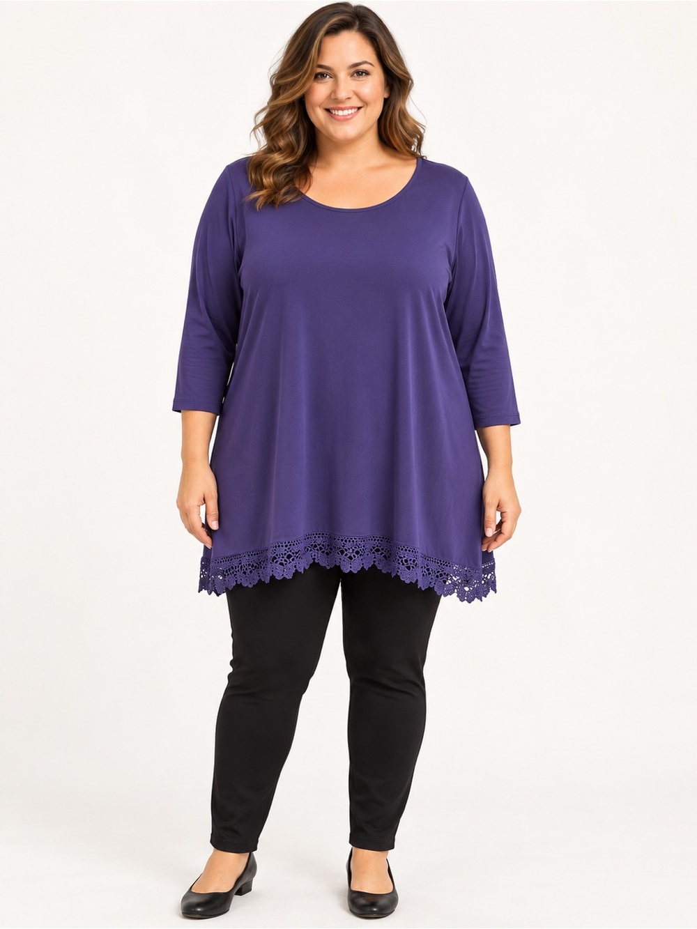 Joan Rivers Women’s 2X Purple Lace Hem Tunic Top 3/4 Sleeve Plus Size